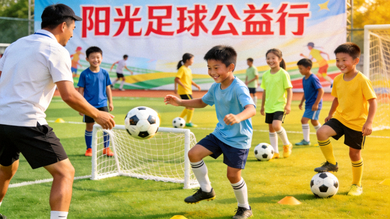 体育公益项目活动现场，青少年在专业教练指导下积极参与足球训练，笑容洋溢